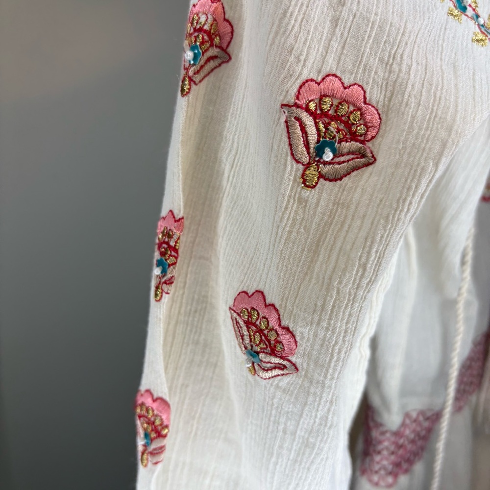 Boston Proper Embroidered Smocked Waist Dress Beaded 100% Cotton Boho Size 8 NWT - Picture 7 of 10